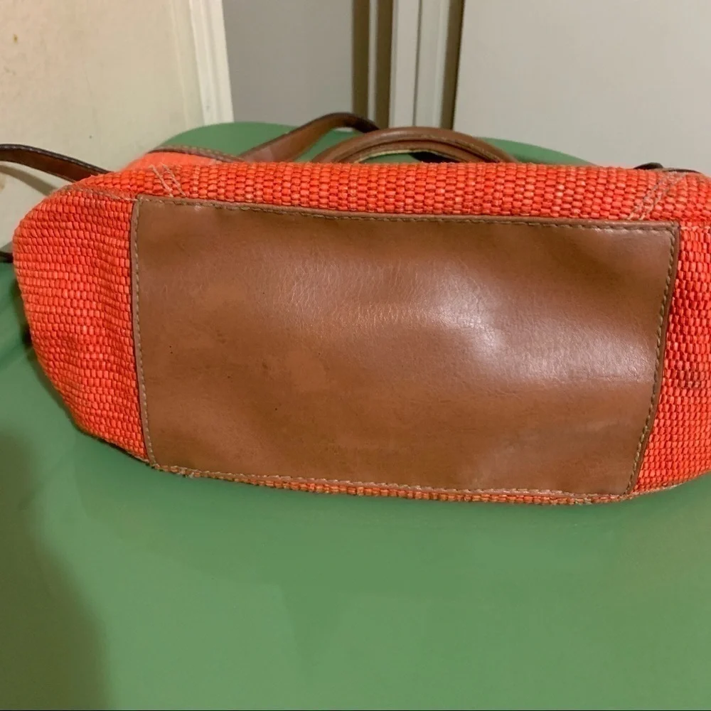 Fossil 1934 Orange Handbag Woven Straw Vegan Leather Satchel Crossbody Strap